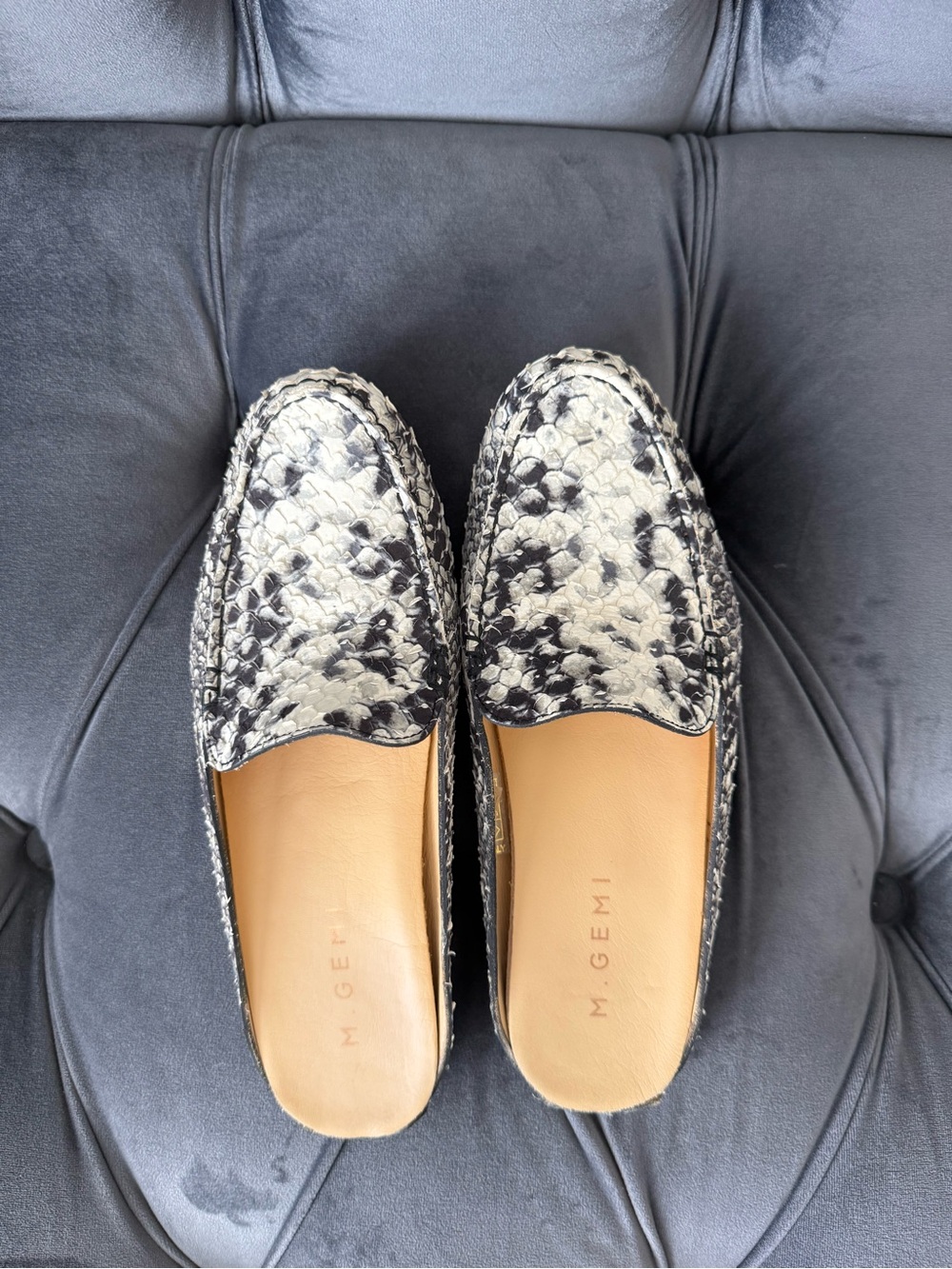 M.Gemi The Felize Black & White Snake-Print Mule Loafers Size 7.5 Italy